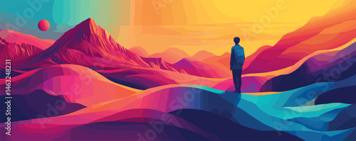 Vibrant abstract landscape with solitary figure in a colorful sunset scene.