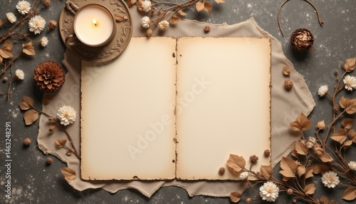 A book is open to a blank page with a candle and some flowers on the table