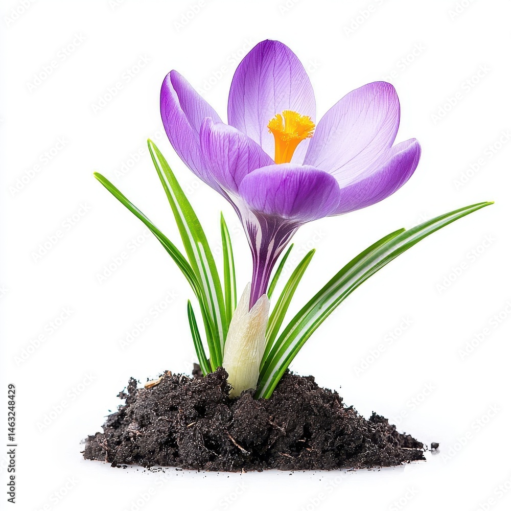 Obraz premium Purple Crocus Flower Emerging from Dark Soil on White Background