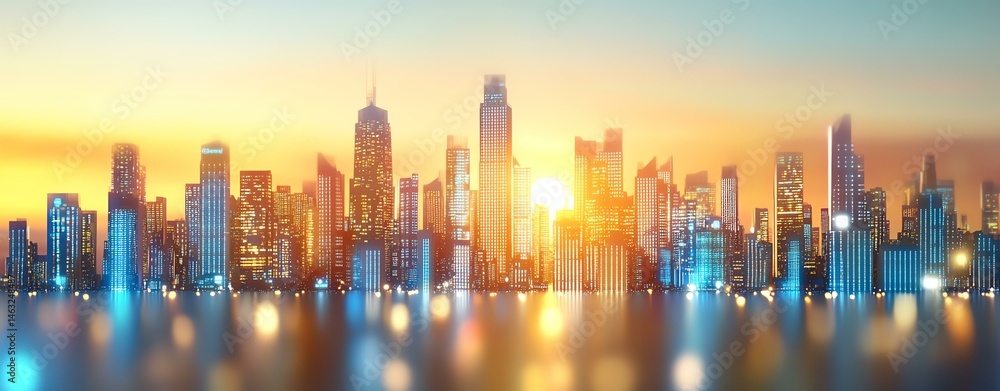 Obraz premium A bustling atmosphere in the big city A stunning city skyline at sunset, showcasing towering skyscrapers reflected in the water, creating a serene urban landscape.