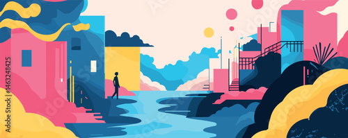Colorful abstract landscape with walking person by river in surreal cityscape.