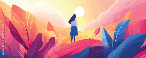 Woman standing in vibrant nature scene with lush foliage and sunset sky.