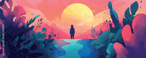 Silhouette of a person at sunset with vibrant nature and large setting sun.