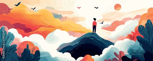 Man stands on mountain peak surrounded by vibrant sky with birds and colorful clouds.