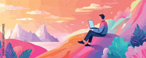 Young man relaxing on vibrant mountain with laptop at sunset in digital art landscape.