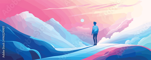 Silhouette of a man admiring a vibrant mountain sunrise in a digital art landscape.