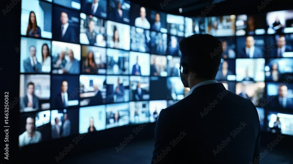 Back View of Businessman Watching Multiple Video Conference Screens Displaying People Back View of Businessman Watching Multiple Video Conference Screens Displaying People