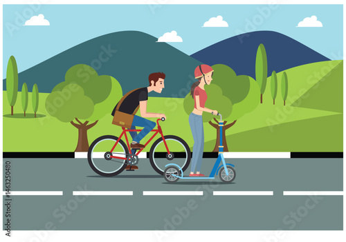 People rides a sports bike on a park road with friend, Vector Illustration	
