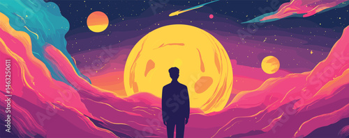 Man gazing at surreal cosmic landscape with vibrant colors and planets.