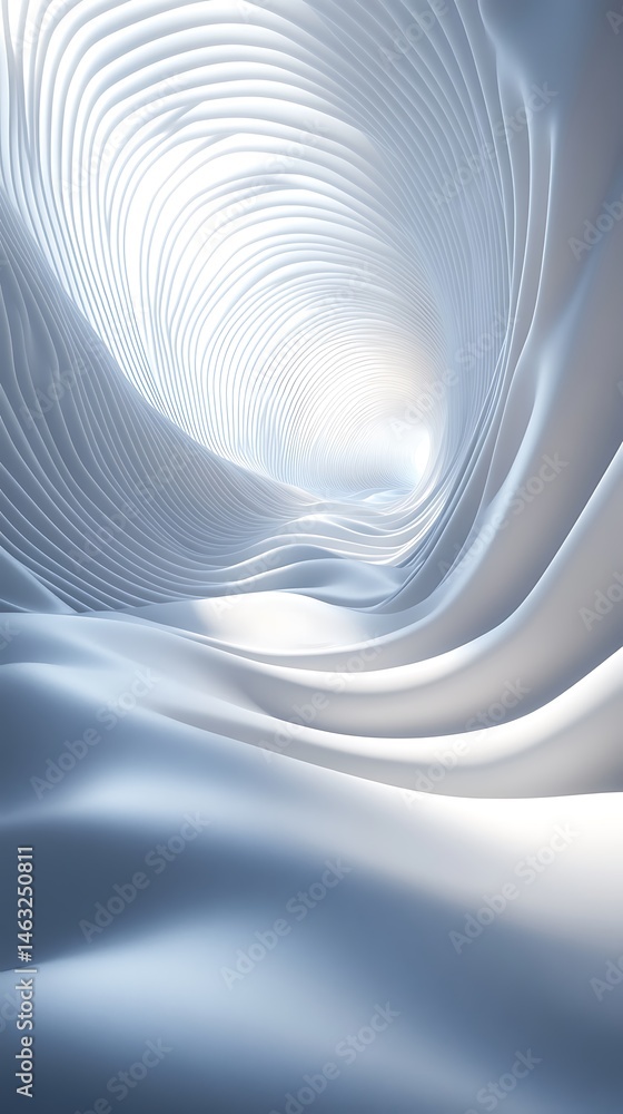 Abstract white waves form a futuristic tunnel with bright light at its end Abstract white waves form a futuristic tunnel with bright light at its end