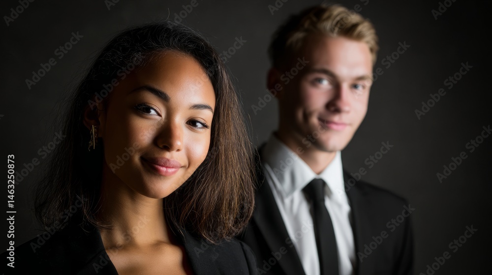Two young professionals in formal attire, confident and poised, embodying modern corporate success.
Two young professionals in formal attire, confident and poised, embodying modern corporate success.