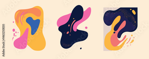 Colorful abstract shapes with vibrant pink, yellow, and blue design elements.