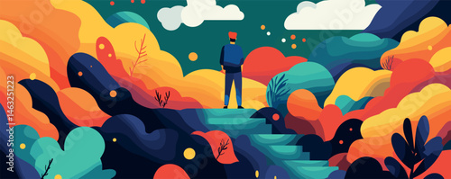 Colorful landscape with man standing on steps surrounded by abstract nature elements and clouds.