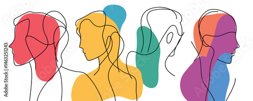 Colorful line art of diverse faces in profile against abstract shapes.