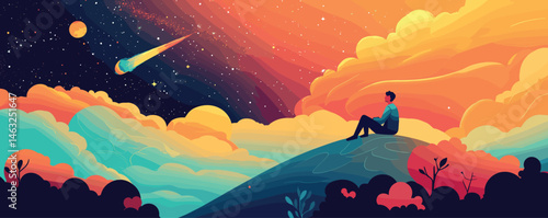 Person watching meteor shower on hilltop at dusk with vibrant sky and clouds.