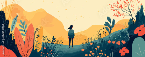 Woman enjoying scenic mountain landscape surrounded by vibrant autumn foliage and rolling hills.