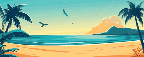 Serene tropical beach at sunset with palm trees and birds flying over the ocean.