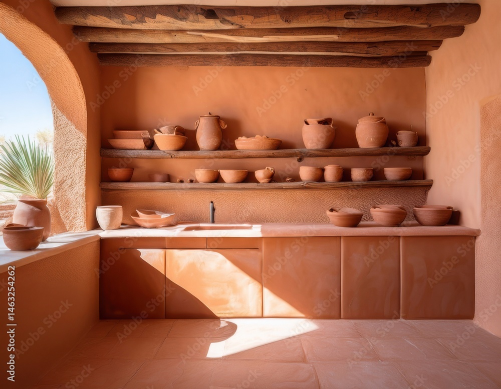 Desert-inspired kitchen with adobe-textured walls, terracotta tiles, rustic wood beams, and minimalist shelves with handcrafted clay bowls Desert-inspired kitchen with adobe-textured walls, terracotta tiles, rustic wood beams, and minimalist shelves with handcrafted clay bowls
