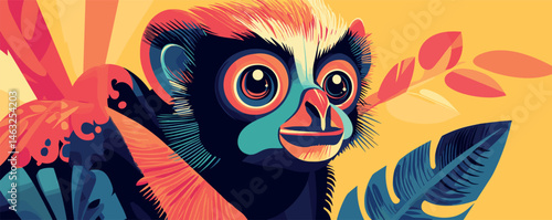 Colorful abstract illustration of a vibrant lemur with bold patterns and tropical leaves.