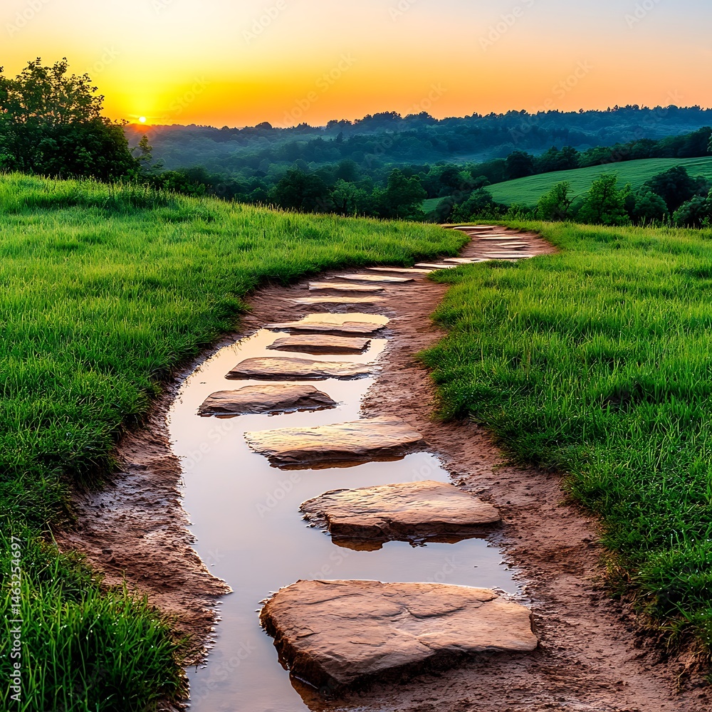 Obraz premium Serene Sunset Path Stone Steps Leading Through Lush Green Field Towards Scenic Hills