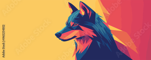 Vibrant geometric wolf artwork in bold colors on yellow and red background.