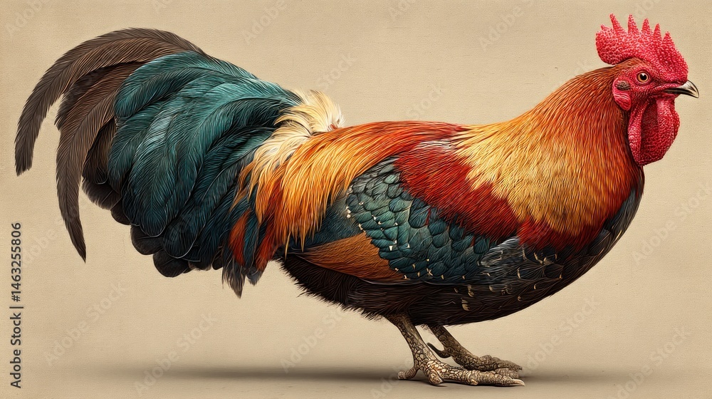 Fototapeta premium Rooster side view with tail visible