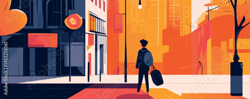 Urban traveler exploring modern cityscape with vibrant colors at sunset.