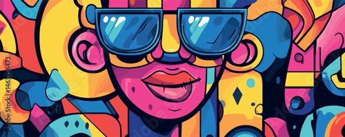 Colorful abstract portrait of woman wearing sunglasses with bold graffiti art style.