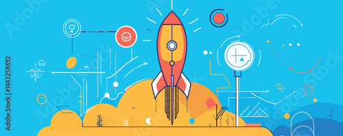 Colorful rocket launching amidst abstract geometric patterns on blue background.