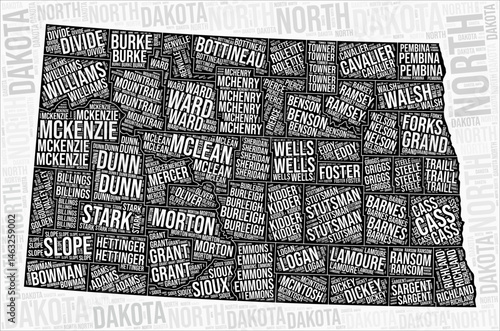 North Dakota counties map word cloud. North Dakota region names. Black and white map design. Classy vector illustration.