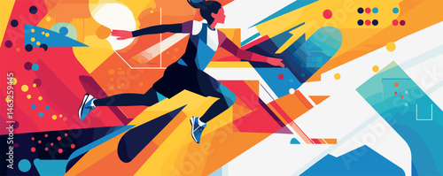 Colorful abstract art of young woman running in dynamic geometric design.