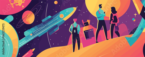 Colorful futuristic space scene with two people and a rocket in a vibrant cosmic landscape.