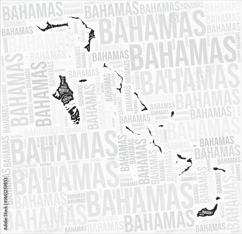 Bahamas regions map word cloud. Bahamas region names. Black and white map design. Amazing vector illustration.