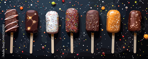 Assorted ice cream bars with colorful toppings on dark background.