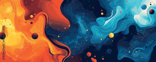 Abstract cosmic landscape with vibrant swirls and colorful celestial objects in space.