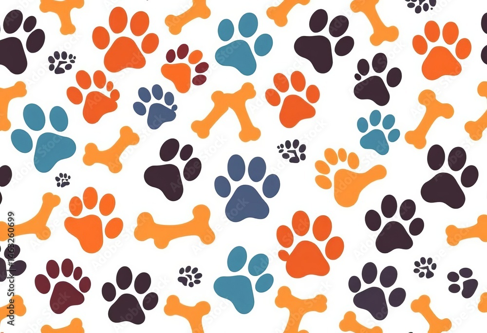Fototapeta premium Seamless vector pattern of dog, cat paws, and bones on white background, background, seamless pattern