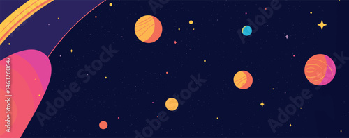 Colorful celestial bodies in a starry night sky with planets of various sizes and shapes.