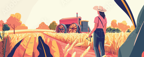Female farmer standing in wheat field with tractor in background during sunrise.