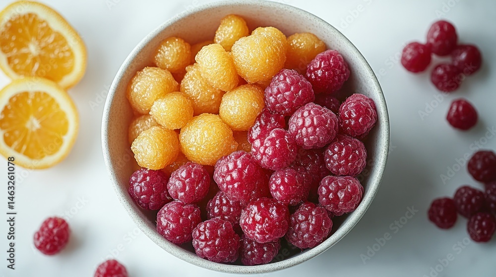 Vibrant bowl of yellow and red raspberries, beside orange slices Vibrant bowl of yellow and red raspberries, beside orange slices
