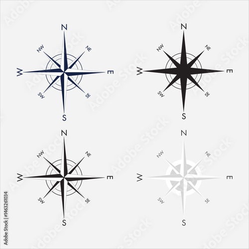 Compass Rose Vector Icons Set, Wind Direction Symbol Collection in Black and White Design