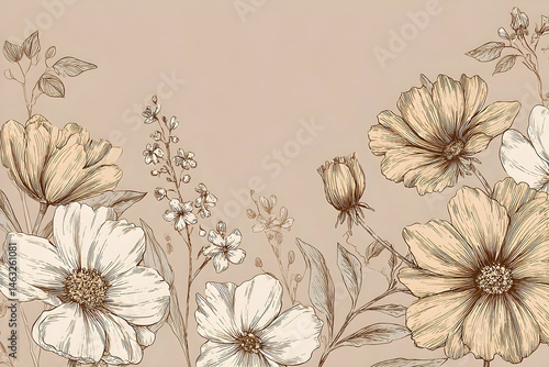 Delicate floral design with pale pastel flowers and leaves.