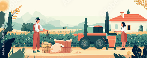 Two farmers working in vineyard with tractor and baskets in countryside setting.