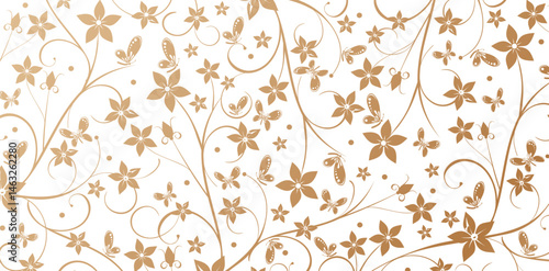 Seamless pattern with decorative flowers and butterflies golden colors isolated white backgrounds for Elegant luxury textured wallpapers, backgrounds and page fill, Fashionable modern textile material