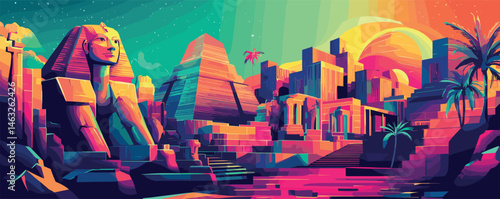 Colorful abstract illustration of egyptian landmarks with sphinx and pyramids under vibrant sky.