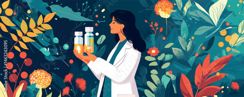 Woman scientist holding bottles in lush botanical garden.
