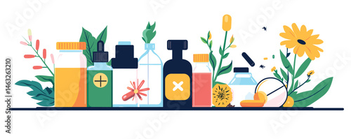 Colorful herbal bottles and natural elements with plants and flowers on white background.