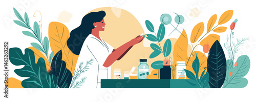 Smiling woman pharmacist in lab coat handling medicines in lush greenery setting.