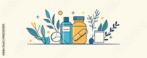 Natural supplement bottles and capsules with leaves and berries on white background.
