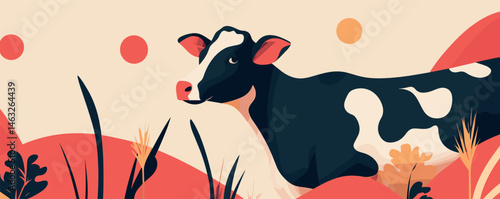 Illustrative black and white cow in vibrant pasture with red hills and wheat stalks.