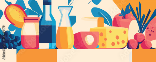 Colorful fruit and cheese arrangement with bottles and leaves in vibrant abstract art style.